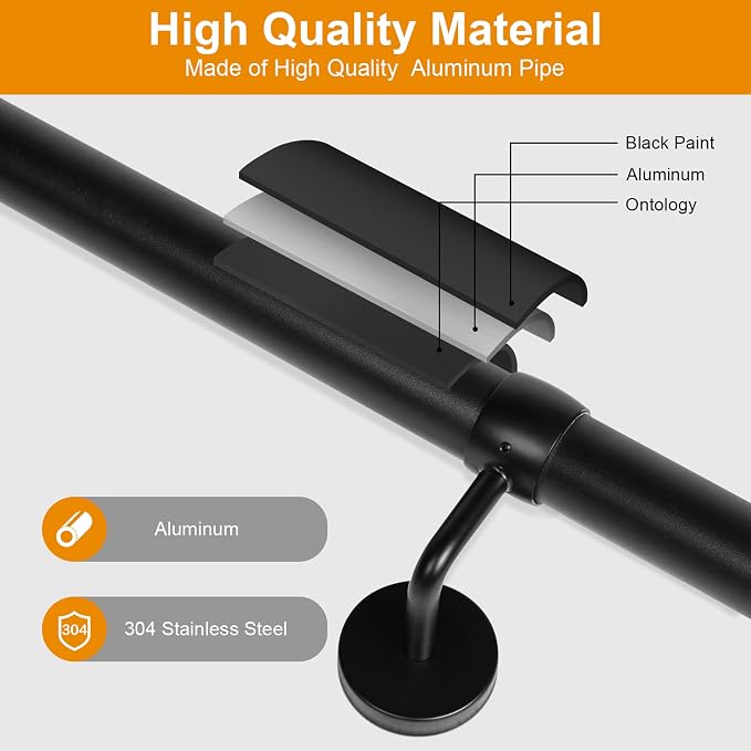 10Ft Industrial Metal Stairs Handrail Kit, Sturdy Wall Mount Aluminum Hand Rail - Image 3