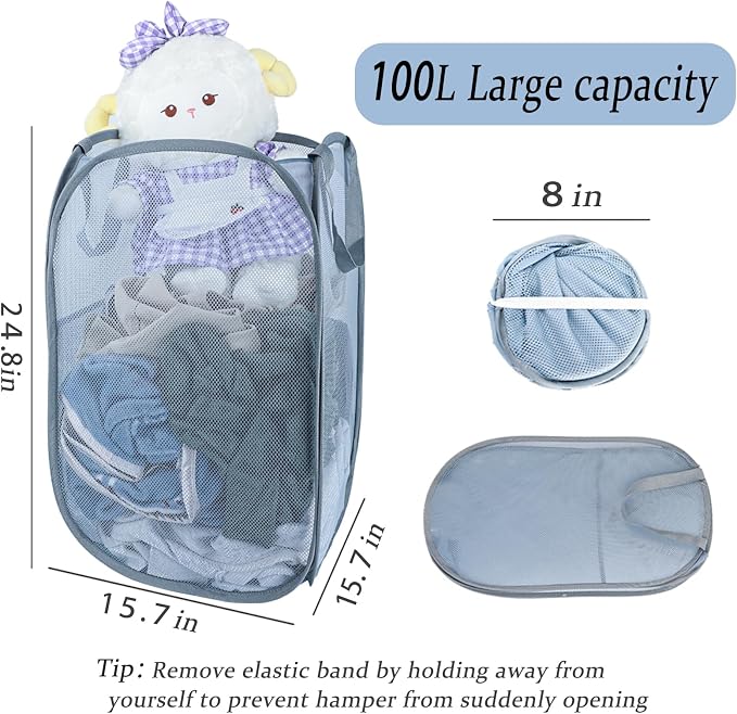 Upgraded 100L Extra Large Collapsible Laundry Baskets, 2 Pack XL Mesh Pop Up - Image 2