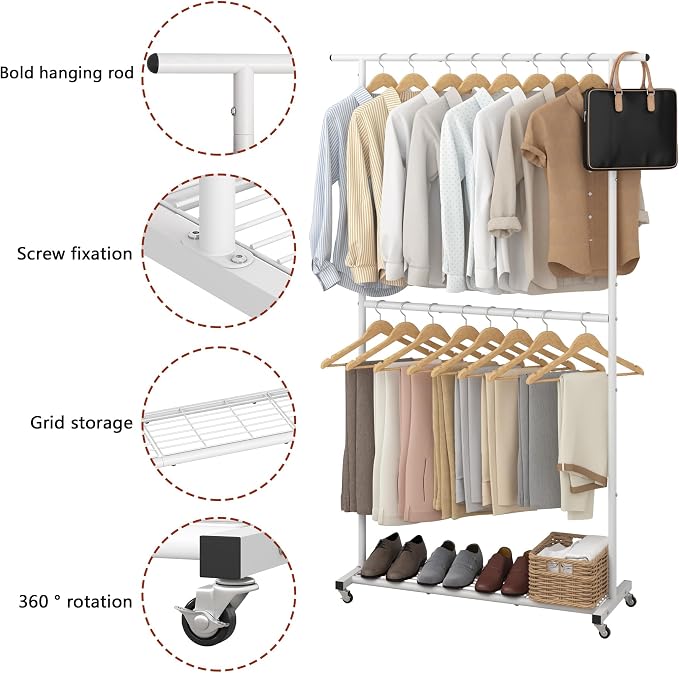 Sywhitta Double Rod Clothing Garment Rack, Rolling Coat Hanger - Image 2