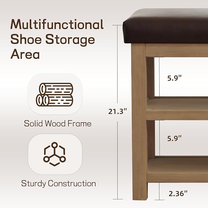 Shoe Rack Bench with Leather Cushion, 2 Tier Solid Wood Storage Bench, - Image 6