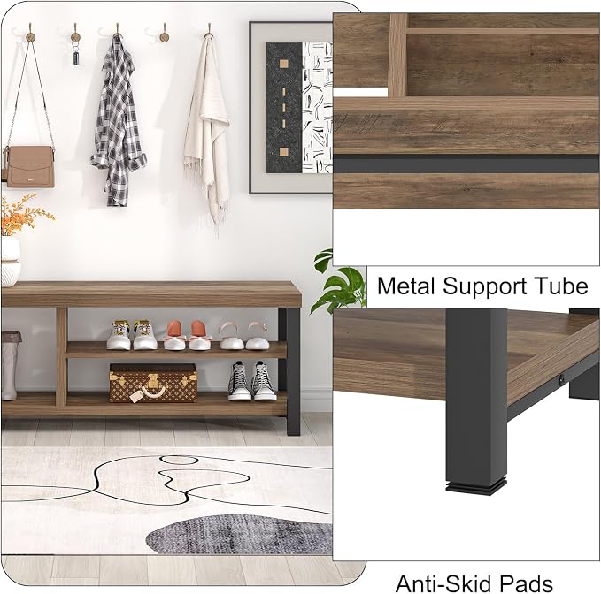 FOLUBAN Shoe Storage Bench, Industrial Entryway Bench, Modern Indoor Wood and - Image 6