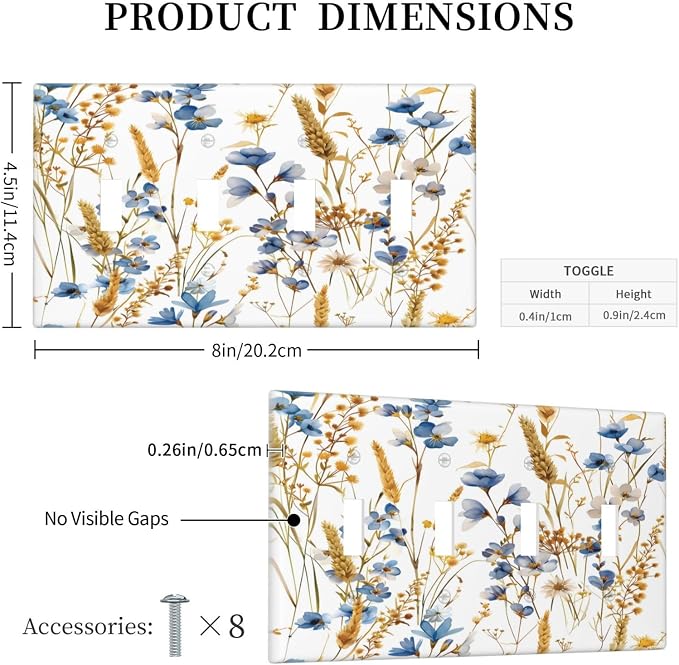 Vintage Wildflower Blue Gold Country Fall Wheat Floral Light Switch Covers Quad - Image 5