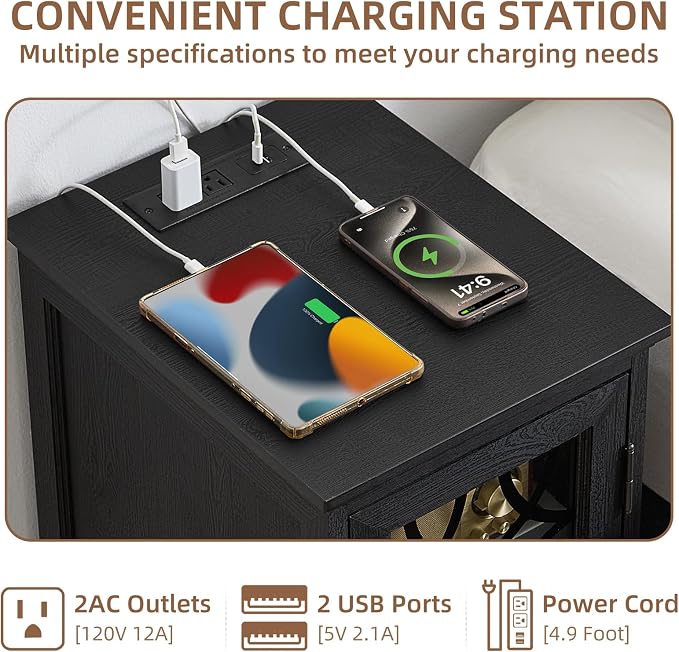 Narrow Side Table with Charging Station Set of 2, Night Stand with Glass Door - Image 5