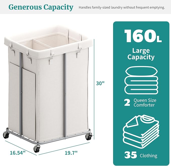 160L Laundry Hamper with Wheels, Rolling Laundry Basket with Metal Frame and - Image 2