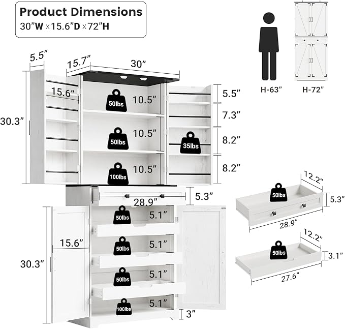 ELYKEN 72" Pantry Cabinet with Door Shelving & Sliding Shelves, Farmhouse Tall - Image 2
