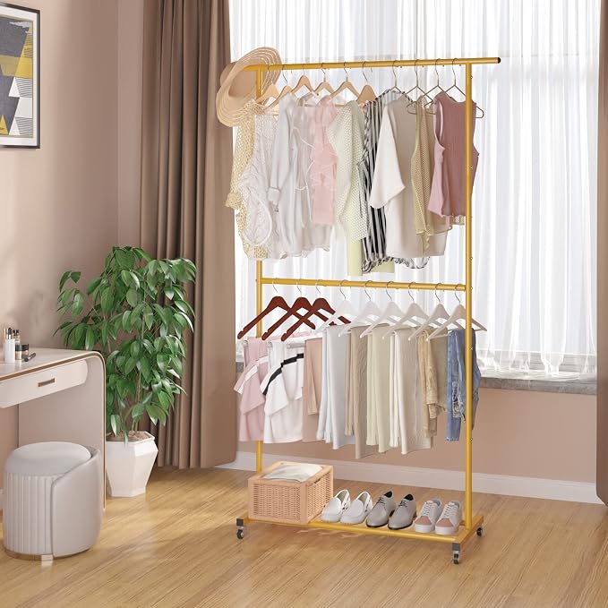 Sywhitta Double Rod Clothing Garment Rack, Rolling Clothes Organizer on Wheels - Image 2