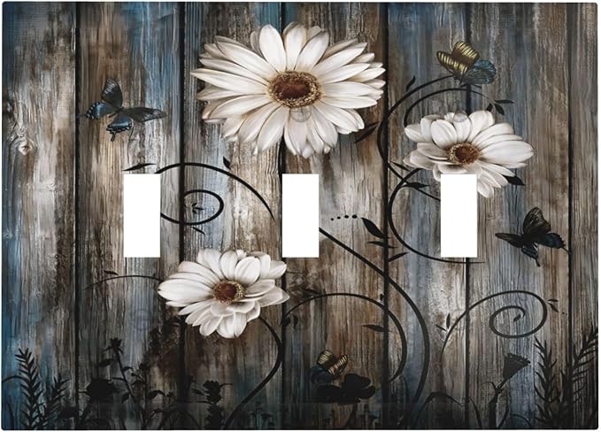 Rustic Wood Background Floral Butterfly Daisy Decorative Switch Plates 3 Gang by Unknown