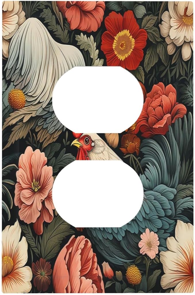 Outlet Covers Rooster Flowers Red White Chicken Floral 1 Gang Duplex Wall Plate by Everyswitchisastoryswitch