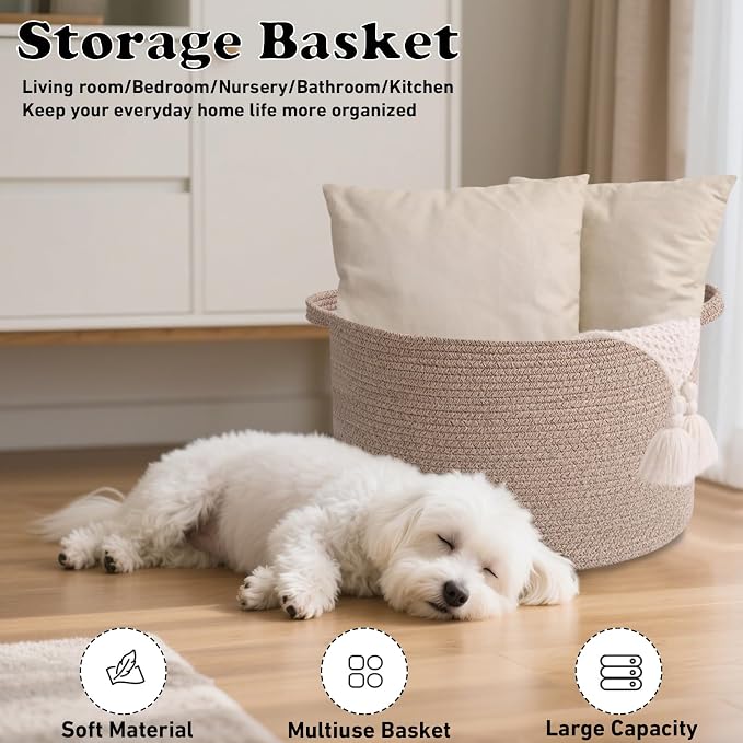 Large Storage Basket with Handle, 19.7" L x 19.7" W x 13" H Blanket Basket - Image 4