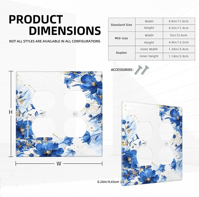 Klein Blue Flowers Watercolor Golden White Floral Outlet Covers 2 Gang Double - Image 5
