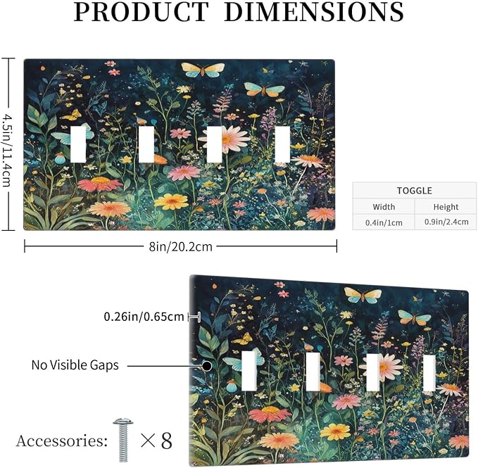Light Switch Covers Boho Vintage Floral Flower Butterfly Quad Toggle Electrical - Image 5