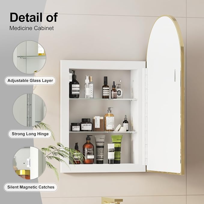 Recessed Medicine Cabinet for Bathroom, Brushed Gold Arched Medicine Cabinet - Image 5