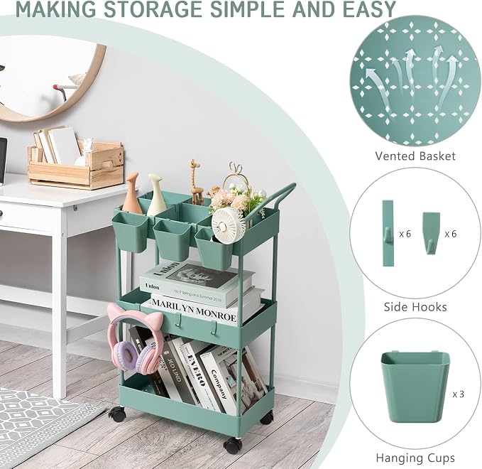 danpinera Storage Cart on Wheels, 3 Tier Bathroom Cart Organizer Slim Laundry - Image 4