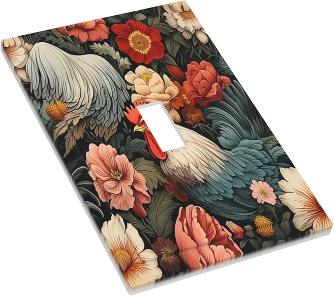 Decorative Light Switch Cover Rooster Flowers Red White Chicken Floral 1 Gang - Image 3