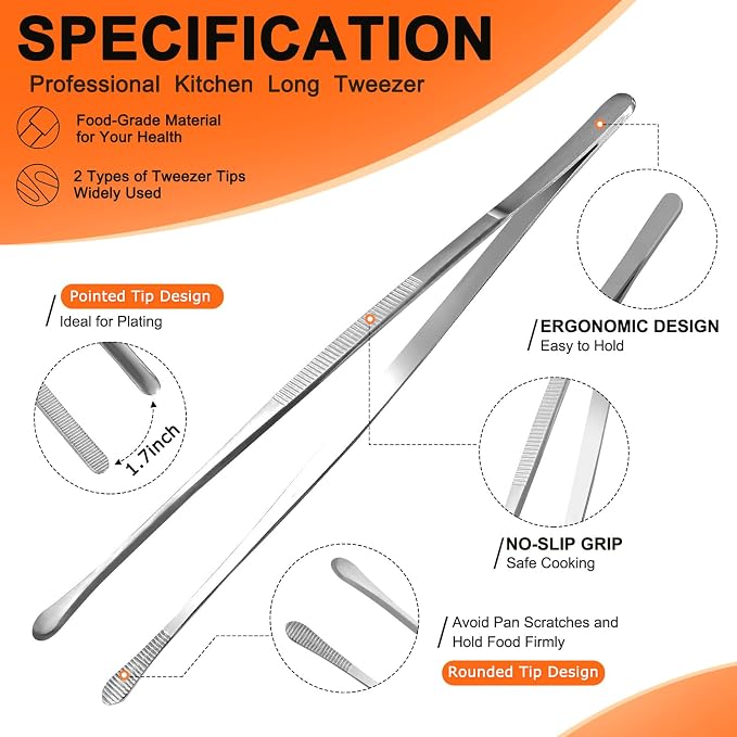 2Pcs 12-inch Kitchen Tweezers for Cooking, Kitchen Tweezer Tongs, Fine - Image 4