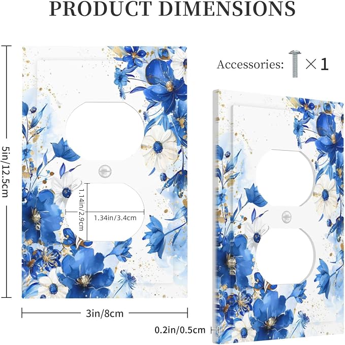 Klein Blue Flowers Watercolor Golden White Floral Outlet Covers 1 Gang Duplex - Image 5