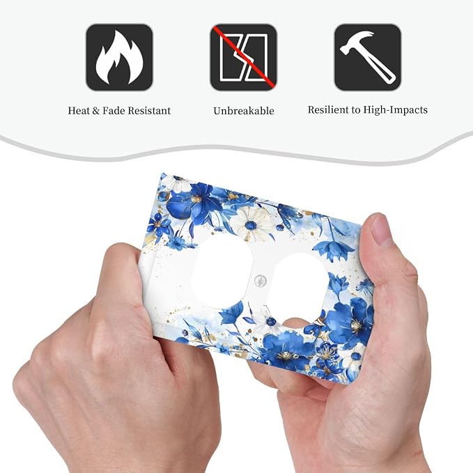 Klein Blue Flowers Watercolor Golden White Floral Outlet Covers 1 Gang Duplex - Image 6