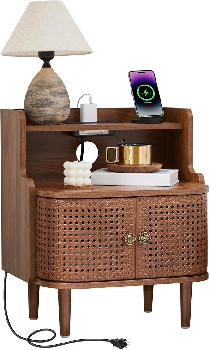 Metal Rattan End Table with Charging Station, Mid Century Modern Nightstand by affeivul