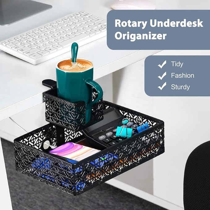 Black Modern Under Desk Drawer Organizer Clip-on Cup Holder & Phone Holder - Image 2
