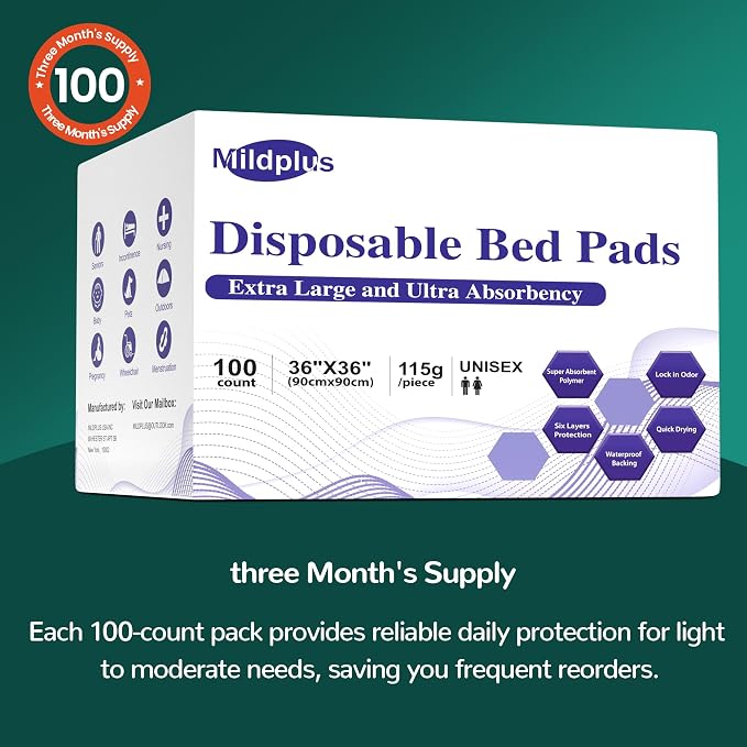 100 Count Disposable Bed Pads, 36x36 Inch Extra Large Incontinence Underpads | - Image 5