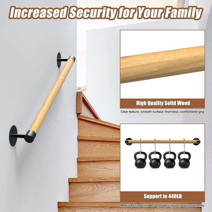 5FT Round Wooden Handrail for Indoor Staircase Handrail, Wall Mount Support - Image 3