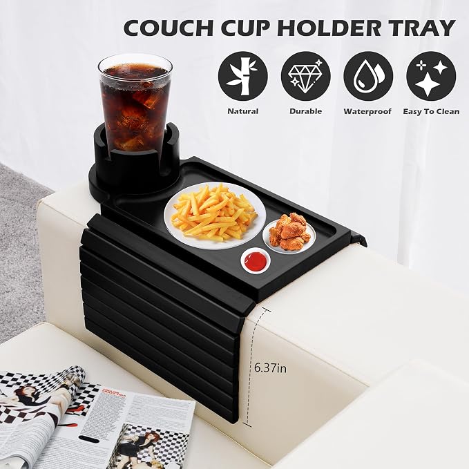 Couch Cup Holder Tray, 3 in 1 Large Couch Arm Trays, Bamboo Chair Clip on Tray - Image 2