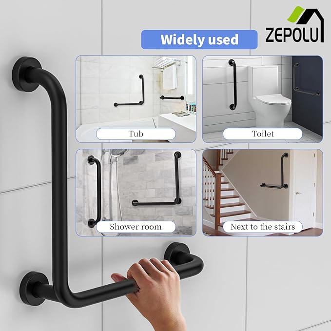 L-Shaped Shower Grab Bar 16x16 Inch, Zepolu Stainless Steel Matte Black Safety - Image 5