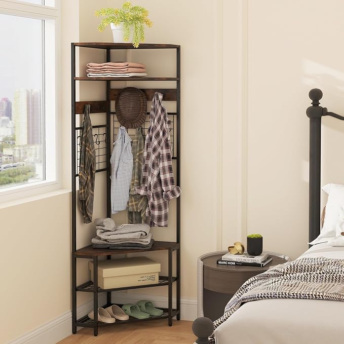 Giantex Corner Hall Tree, 12 Metal Hooks, 5-Tier Entryway Shoes Shelf Organizer - Image 3