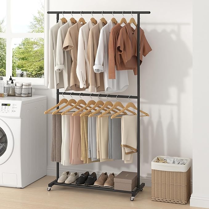 Sywhitta Double Rod Clothing Garment Rack, Rolling Coat Hanger - Image 5