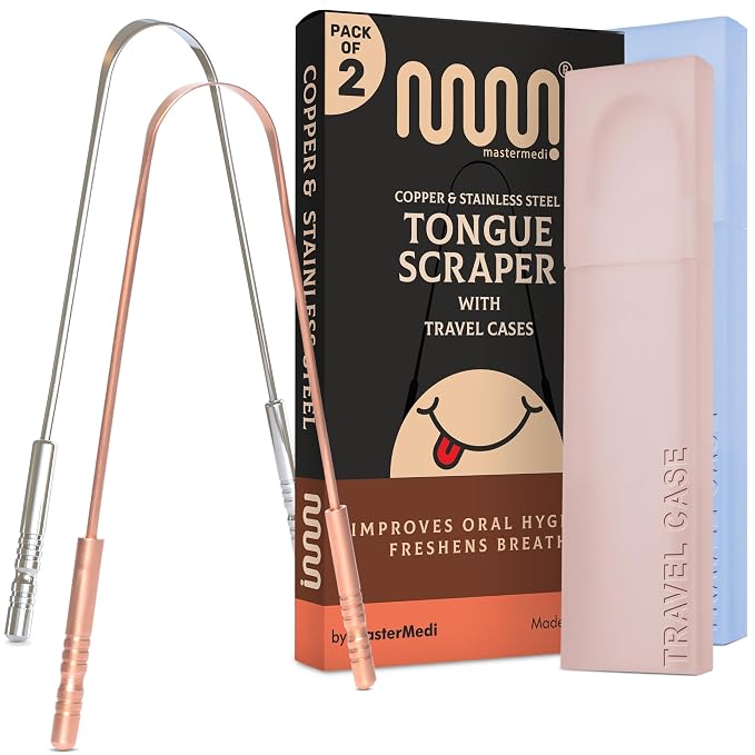 MasterMedi Tongue Scraper for Adults, 100% Stainless Steel & Copper Tongue by MasterMedi