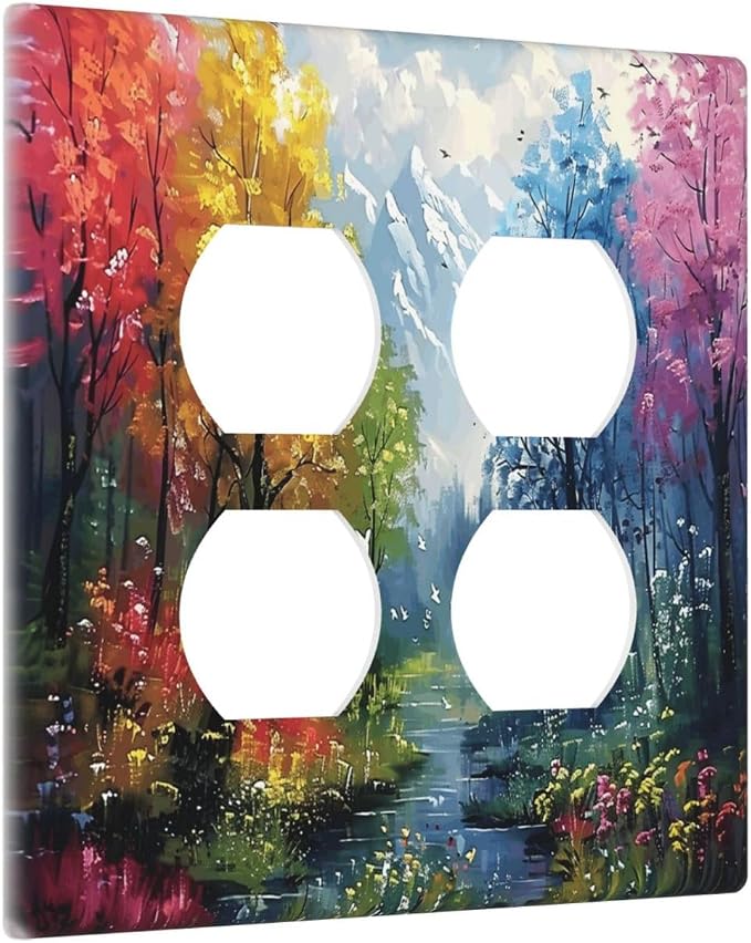 Colorful Forest Snow Mountain River Oil Painting Style Outlet Covers 2 Gang - Image 2