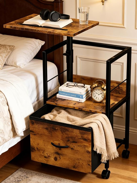 Swivel Lift Top Nightstand, 2-Tier 360° Adjustable Bedside Table, Rolling Night by Faesun