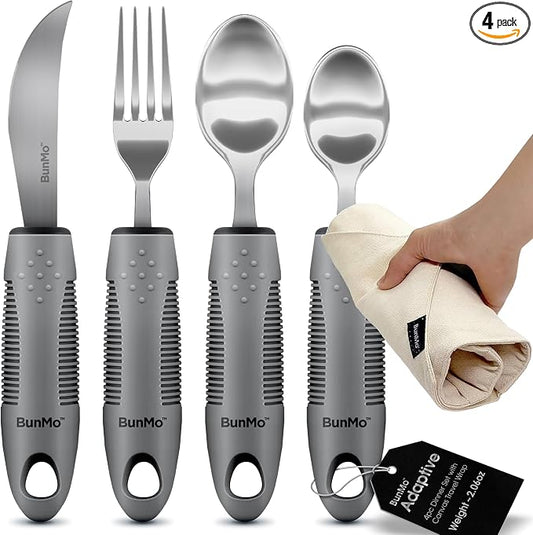 BUNMO Adaptive Utensils for Elderly, Tremors & Weak Hand Grips – 4pc by BunMo