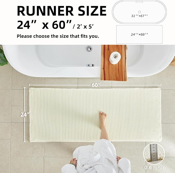 Cream White Long Bathroom Rugs, Waffle Runner Rug Bathroom Non Slip Washable - Image 2