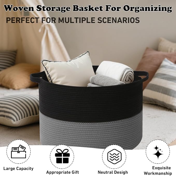 Large Storage Basket with Handle, 19.7"x 19.7"x 13" Blanket Basket Storage Bins - Image 6