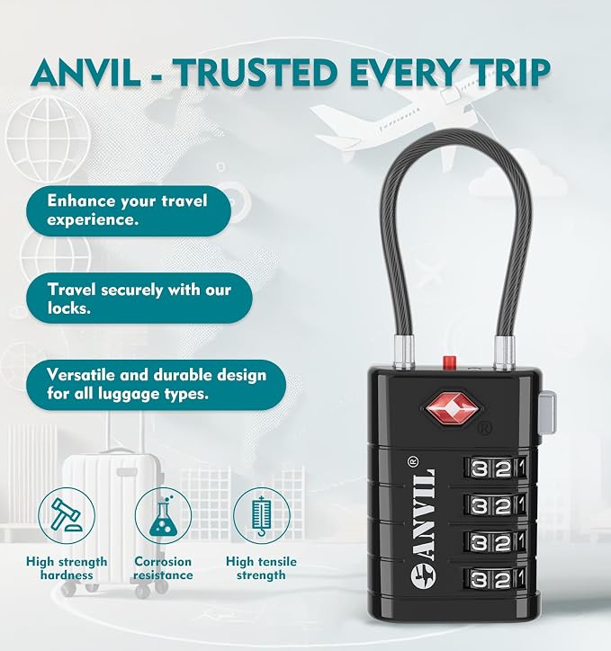 ANVIL TSA Approved Luggage Locks, 4 Digit Combination Travel Suitcase Locks - Image 4