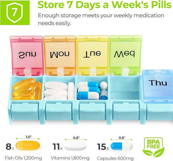 AUVON Weekly Pill Organizer Arthritis Friendly, BPA Free Travel 7 Day Pill Box - Image 3