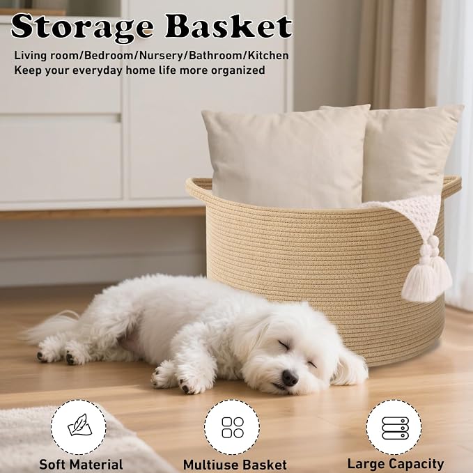 Large Storage Basket with Handle, 19.7" L x 19.7" W x 13" H Blanket Basket - Image 4