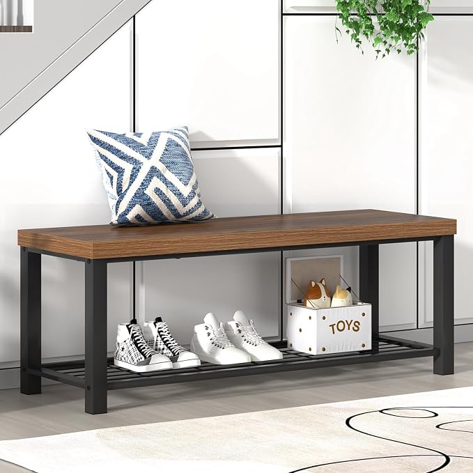 FOLUBAN Shoe Bench, Modern Wood and Metal Storage Bench - Image 3