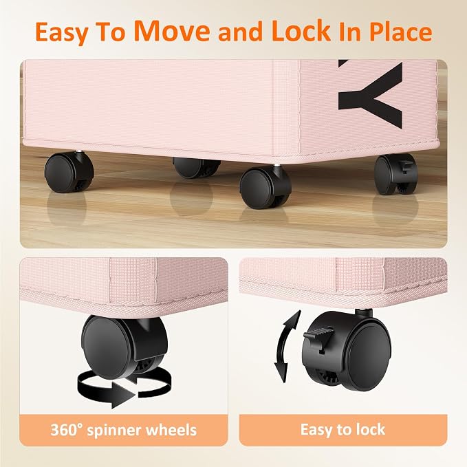 Pink Laundry Basket with Wheels, 90L Rolling Laundry Hamper with Wheels - Image 5