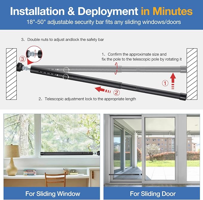 Sliding Door Security Bar, 3 Pack 18"-50" Adjustable Window Security Bars - Image 5