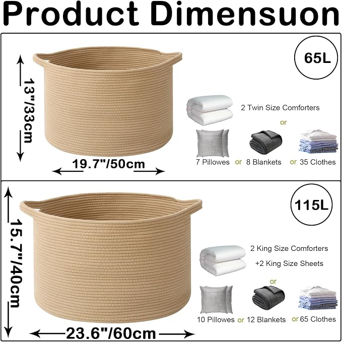 Large Storage Basket with Handle, 19.7" L x 19.7" W x 13" H Blanket Basket - Image 2