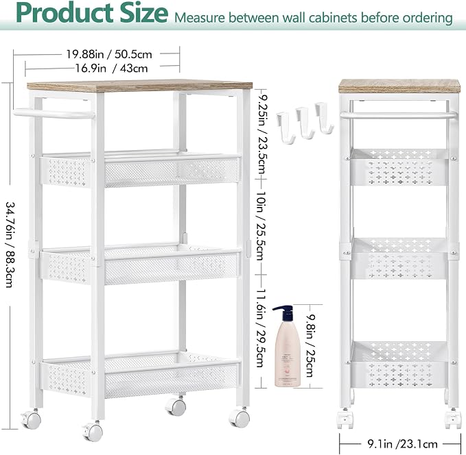 Utility Slim Storage Cart with Wheels, 4 Tier Small Rolling Cart with Wood Top - Image 4