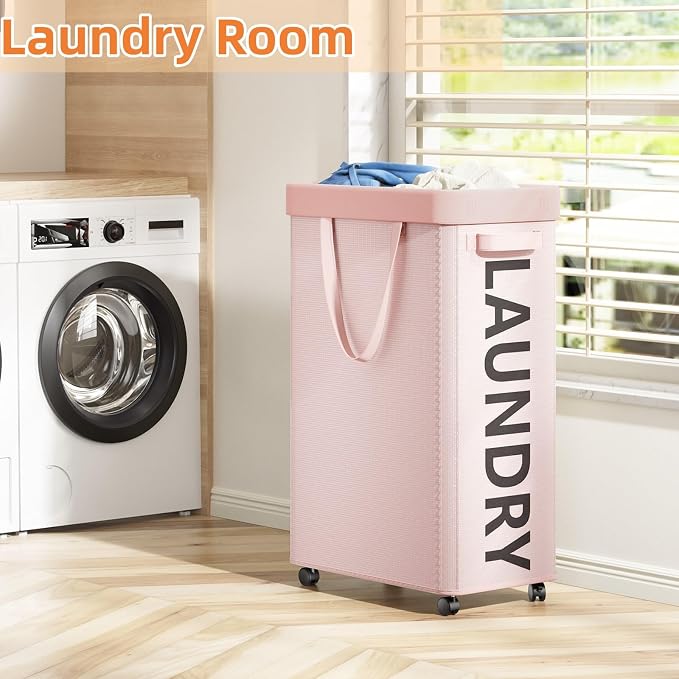 Pink Laundry Basket with Wheels, 90L Rolling Laundry Hamper with Wheels - Image 2