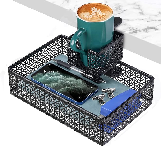 Black Modern Under Desk Drawer Organizer Clip-on Cup Holder & Phone Holder by Aurynns