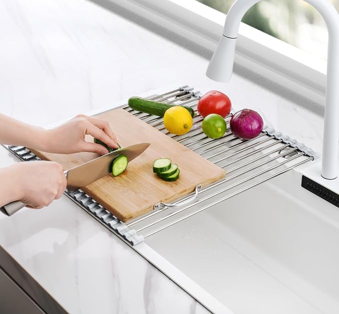 Tomorotec Stainless Steel Roll-Up Dish Drying Rack Marble Color Silicone Edges - Field & Grace