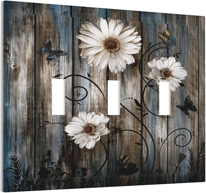 Rustic Wood Background Floral Butterfly Daisy Decorative Switch Plates 3 Gang - Image 2