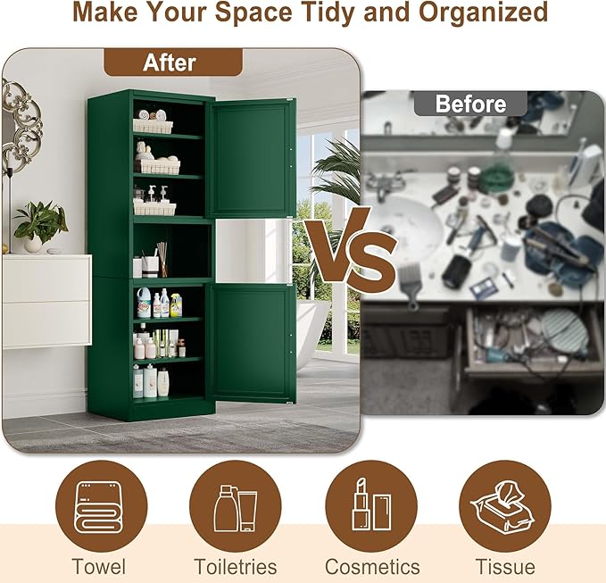 67" Tall Narrow Storage Cabinet Metal Bathroom Cabinet - Image 5