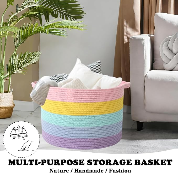 Large Storage Basket with Handle, 19.7" L x 19.7" W x 13" H Blanket Basket - Image 5