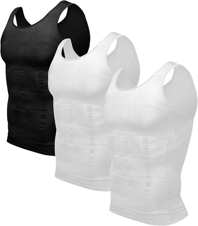 Odoland Mens 3 Pack Body Shaper Slimming Tummy Vest Thermal Compression Shirt by Odoland